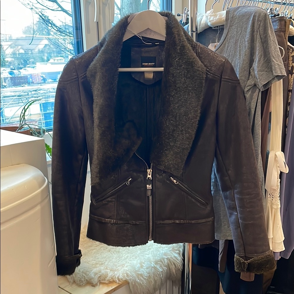 Miss Sixty Brown Leather Jacket with High Collar and Fitted Silhouette